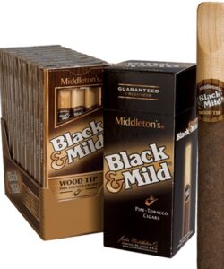 Black and Mild Wood Tip Cigars display box, 5-cigar pack, and a single wood tip pipe tobacco cigar standing upright.