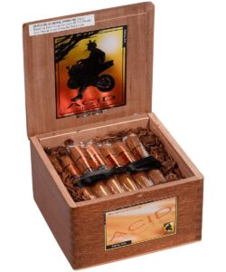 Open wooden box of Acid Subculture Malta cigars by Drew Estate tied with a black ribbon