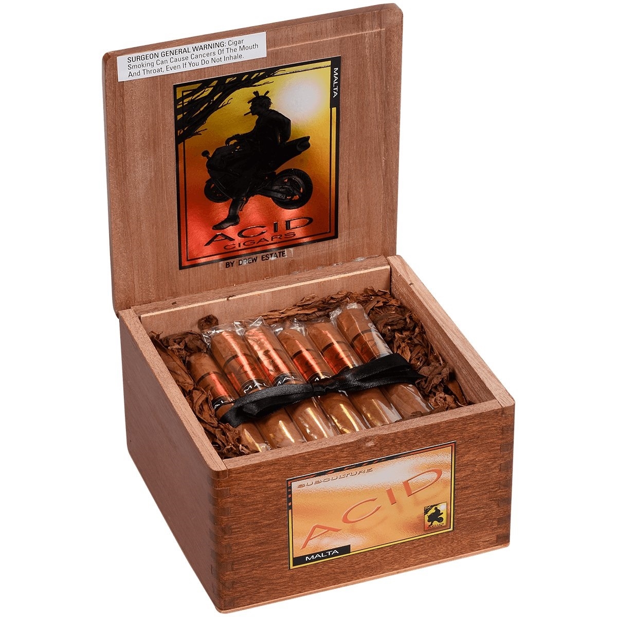 acid-malta-cigars Open wooden box of Acid Subculture Malta cigars by Drew Estate tied with a black ribbon