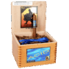Open wooden box of Acid Blondie cigars featuring a bundle tied with a blue ribbon and one cigar standing upright.