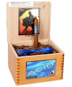 Open wooden box of Acid Blondie cigars featuring a bundle tied with a blue ribbon and one cigar standing upright.