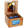 Open wooden box of 24 Acid Kuba Kuba cigars featuring blue band detailing and one cigar standing upright.