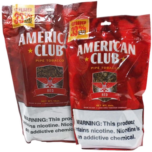 american_club_full_flavor_pipe_tobacco Two bags of American Club Red Pipe Tobacco in 16 oz and 6 oz sizes