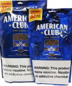 American Club Blue Pipe Tobacco bags in 16 oz and 6 oz sizes