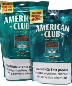 Two bags of American Club Green pipe tobacco in 16 oz and 6 oz sizes