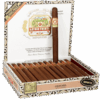 Open box of Arturo Fuente Churchill cigars with one standing upright displaying its brand band.