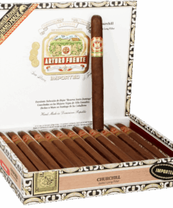 Open box of Arturo Fuente Churchill cigars with one standing upright displaying its brand band.