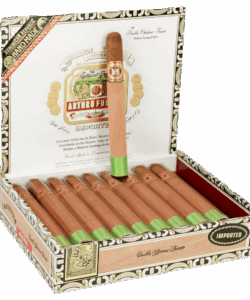 Open box of Arturo Fuente Double Chateau Natural cigars wrapped in cedar sleeves with green foot bands.
