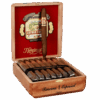 Open wooden box of Arturo Fuente Hemingway Classic cigars with red velvet lining and a single cigar on display.