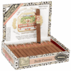 Open box of 25 Arturo Fuente Petit Corona Natural cigars with one cigar standing upright.