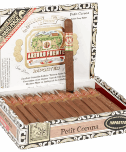 Open box of 25 Arturo Fuente Petit Corona Natural cigars with one cigar standing upright.