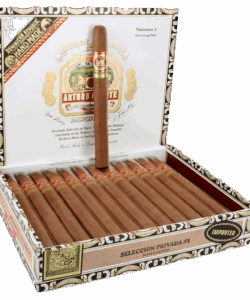 Open box of 25 Arturo Fuente Seleccion Privada #1 natural wrapper cigars with one standing upright.