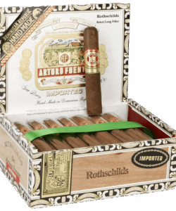 Open box of Arturo Fuente Rothschild Natural cigars handmade in the Dominican Republic with one standing upright.