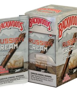 Backwoods Russian Cream 5 Cigars single pouch standing next to a retail display box