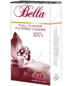 White pack of Bella Red Full Flavor 100s Filtered Cigars featuring a red orchid graphic and script logo.