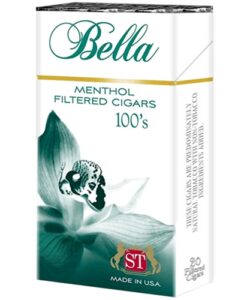 Bella Green Menthol 100s Filtered Cigars pack of 20 featuring a white box with green orchid graphics.