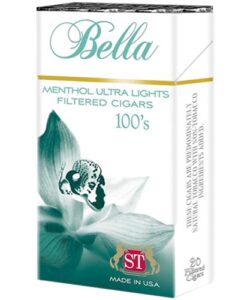 Bella Green Silver Menthol Ultra Light 100s filtered cigars pack with white and teal orchid design.