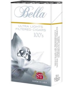 Bella Silver Ultra Light 100s filtered cigars pack featuring a white box with a silver orchid design and gold accents.