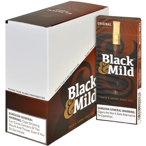 black_and_mild_original_plastic_tip_cigars_50ct Black & Mild Original Plastic Tip cigars display box and individual pack