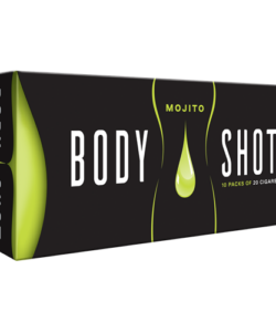 Black and green carton of Body Shot Mojito Filtered Cigars containing 10 packs of 20 cigars.