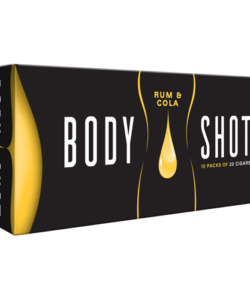 Body Shot Rum & Cola filtered cigars carton containing 10 packs of 20 cigars in black and yellow packaging.