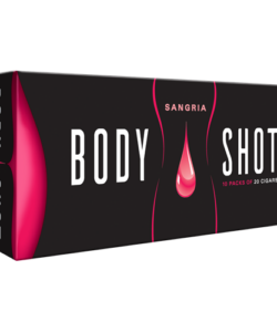 Carton of Body Shot Sangria Filtered Cigars in black packaging with pink accents, containing 10 packs of 20 cigars.
