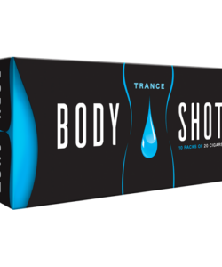 Body Shot Trance Filtered Cigars black carton box with blue droplet design, 10 packs of 20 cigars.
