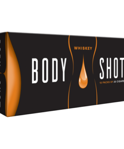 Black carton of Body Shot Whiskey Filtered Cigars with an orange drop graphic, labeled 10 packs of 20 cigars.
