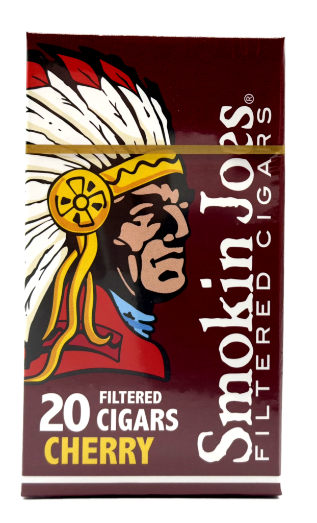 Pack of 20 Smokin Joes Cherry Filtered Cigars in a burgundy box featuring a Native American chief logo.
