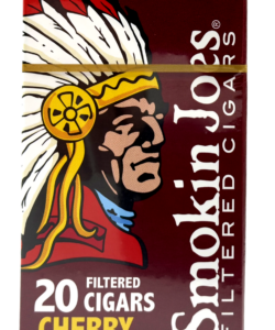 Pack of 20 Smokin Joes Cherry Filtered Cigars in a burgundy box featuring a Native American chief logo.