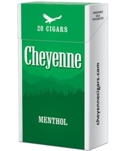 Green and white pack of Cheyenne Menthol Filtered Cigars featuring an eagle logo and mountain graphics.