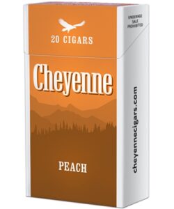 Pack of 20 Cheyenne Peach Filtered Cigars with an orange and brown mountain landscape design.