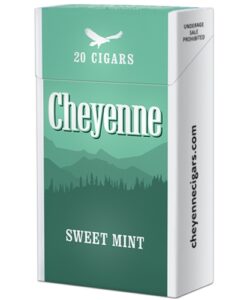 Green and white pack of 20 Cheyenne Sweet Mint filtered cigars featuring a mountain silhouette graphic.
