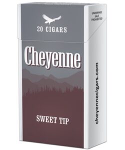 Cheyenne Sweet Tip Filtered Cigars pack of 20 with gray lid, white eagle logo, and mountain silhouette.