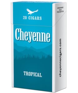 Cheyenne Tropical Filtered Cigars 20-pack featuring a teal pack with a mountain landscape and white eagle logo.