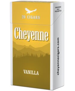 Pack of Cheyenne Vanilla Filtered Cigars featuring yellow branding, eagle logo, and mountain silhouette.