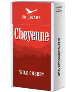 Pack of 20 Cheyenne Wild Cherry Filtered Cigars in a red box with an eagle logo and mountain graphic.