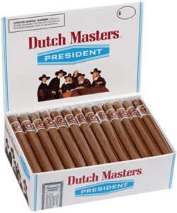 An open 50-count display box of Dutch Masters President individually wrapped cigars.