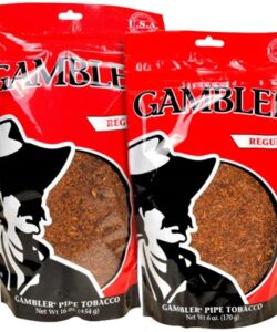 Two red resealable bags of Gambler Regular Pipe Tobacco in 16 oz and 6 oz sizes with clear tobacco windows.