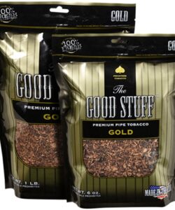 Two bags of The Good Stuff Gold Premium Pipe Tobacco in 6 oz and 1 lb sizes