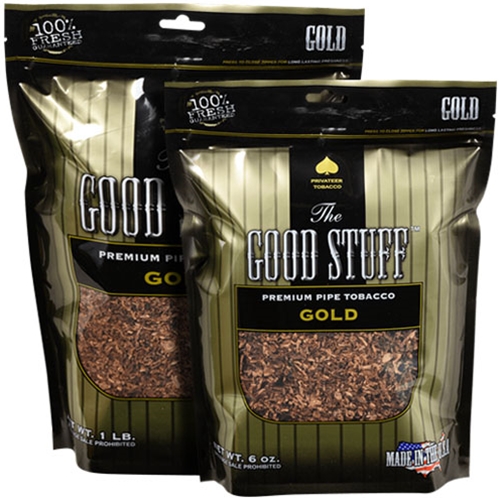 good_stuff_gold_pipe_tobacco Two bags of The Good Stuff Gold Premium Pipe Tobacco in 6 oz and 1 lb sizes
