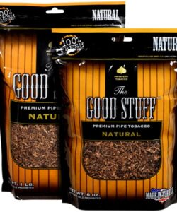 Two bags of The Good Stuff Natural Premium Pipe Tobacco in 6-ounce and 1-pound sizes