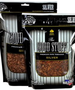 Two bags of The Good Stuff Silver Premium Pipe Tobacco in 6 oz and 1 lb sizes