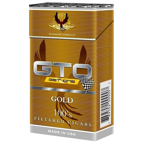 Pack of GTO Gold 100's Filtered Cigars in gold textured packaging with phoenix logo and Made in USA label.