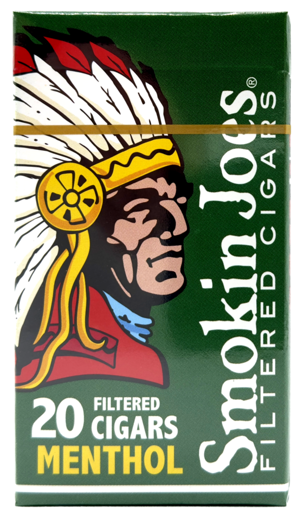 Green pack of 20 Smokin Joes Menthol Filtered Cigars featuring a Native American chief graphic.