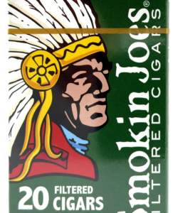 Green pack of 20 Smokin Joes Menthol Filtered Cigars featuring a Native American chief graphic.