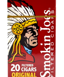 Red pack of 20 Smokin Joes Full Flavor Original Filtered Cigars featuring a Native American chief illustration.