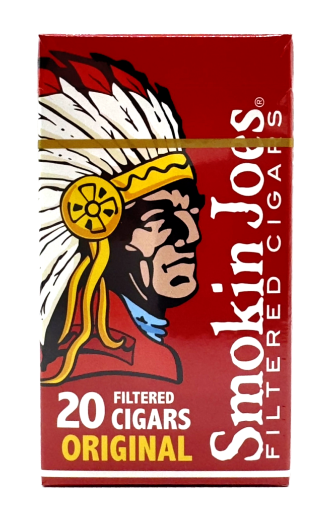 Red pack of 20 Smokin Joes Full Flavor Original Filtered Cigars featuring a Native American chief illustration.