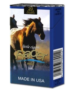 Blue pack of Racer Smooth Filtered Cigars featuring a running horse design and Made in USA label.