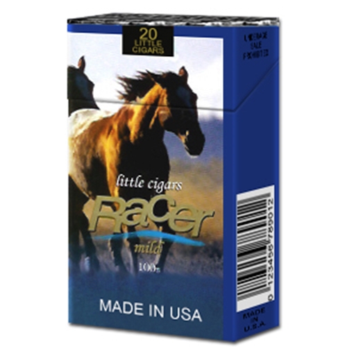 Racer Smooth Filtered Cigars Blue pack of Racer Smooth Filtered Cigars featuring a running horse design and Made in USA label.